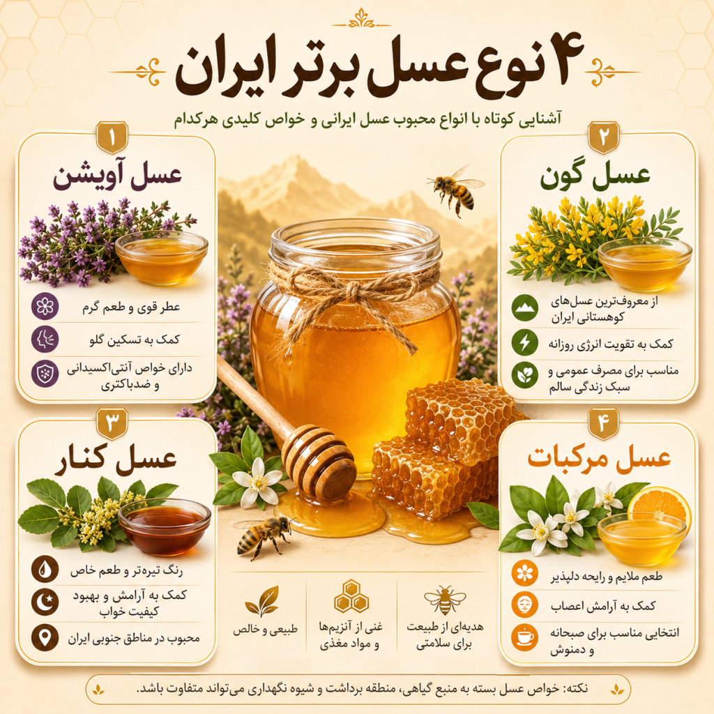 🍯 بهترین عسل درمانی در ایران؛ راهنمای جامع شفابخشترین شهد طبیعت (نسخه تخصصی) 4 بهترین عسل درمانی در ایران