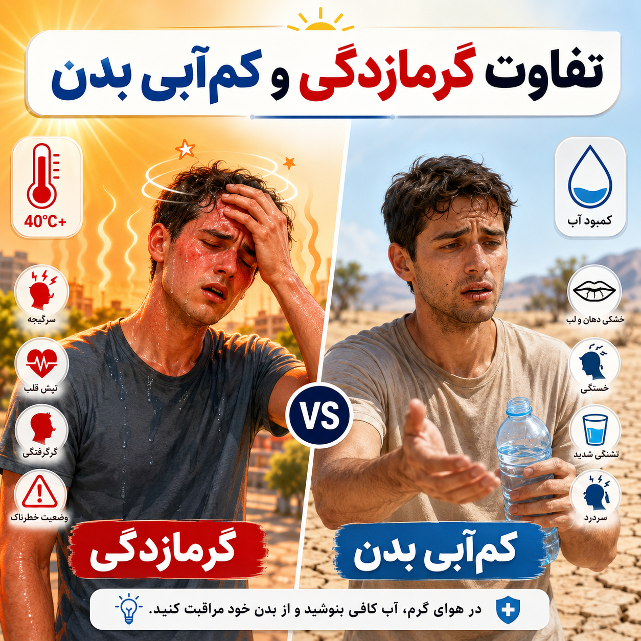 تفاوت گرمازدگی و کم‌آبی بدن