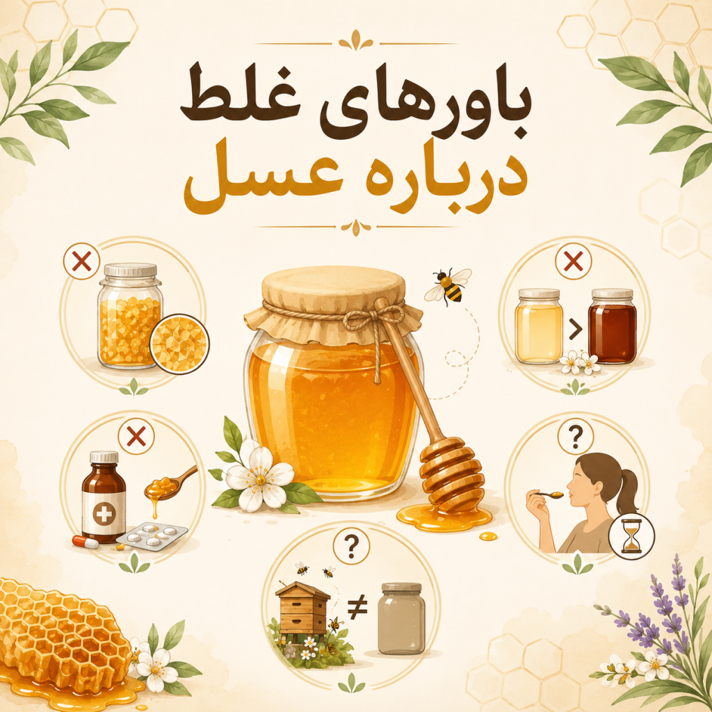 اینفوگرافیک مینیمال درباره باورهای غلط رایج درباره عسل طبیعی