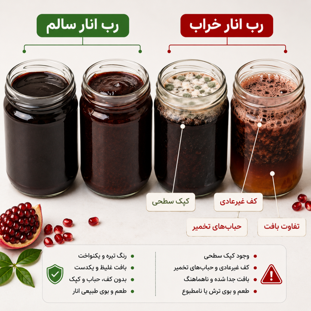 🍎 نشانه های خراب شدن رب انار چیست؟ راهنمای کامل تشخیص رب انار فاسد 2 نشانه های خراب شدن رب انار