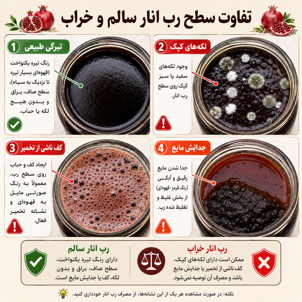 🍎 نشانه های خراب شدن رب انار چیست؟ راهنمای کامل تشخیص رب انار فاسد 3 نشانه های خراب شدن رب انار