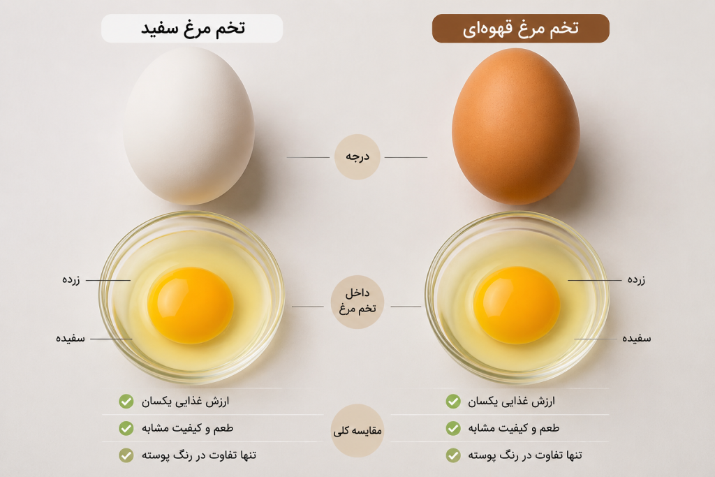 🥚 تفاوت تخم مرغ سفید و قهوه ای چیست؟ آیا تخم مرغ قهوهای بهتر است؟ 2 تفاوت تخم مرغ سفید و قهوه ای